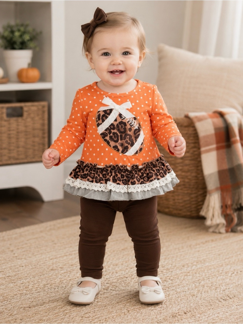 Marie Nicole Girls 2 Pc Fall Football Outfit Pumpkin Leopard Top Leggings